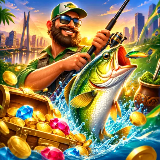 Tela do Big Bass Bonanza com pescador, iscas e peixes de prêmio